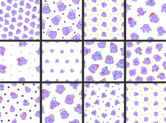 Cute kawaii happy octopus. Seamless pattern. Cartoon underwater animals characters. Hand drawn style. Vector drawing. Collection of design ornaments.