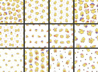 Cute kawaii little chick. Seamless pattern. Cartoon baby farm birds characters. Hand drawn style. Vector drawing. Collection of design ornaments.