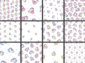 Cute kawaii happy unicorn. Seamless pattern. Cartoon funny fantasy horse characters. Hand drawn style. Vector drawing. Collection of design ornaments.