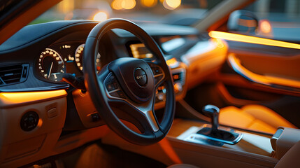 Car interior luxury Beige comfortable seats steering wheel dashboard climate control speedometer display wood decoration  orange ambient light : Generative AI