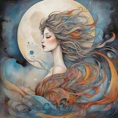 Claire de Lune Moon Lady Nature Surreal Illustration Art 