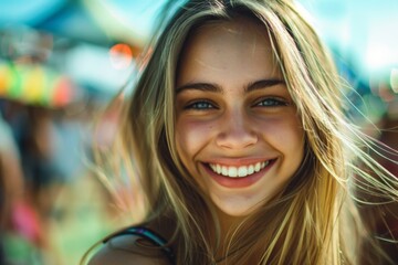 Close-up of a joyful young woman with a bright smile enjoying a sunny day outdoors. Happiness and positivity radiate from her expression.
