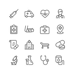 Medical Care and Diagnostics, linear style icon set. Healthcare services, treatments, and examinations. Tools and equipment for medical professionals. First aid. Editable stroke width