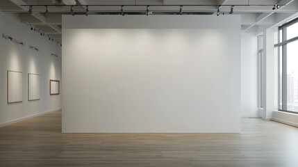 A hyperrealistic view of an empty white wall in an art gallery, designed for high-end art exhibitions under ambient lighting.