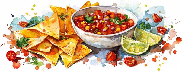 Festive watercolor composition of a Mexican food spread, including nachos and quesadillas, ideal for food festival posters