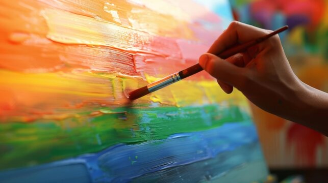 A hand painting a rainbow flag on a canvas, with a blurred art studio in the background and copy space to the left