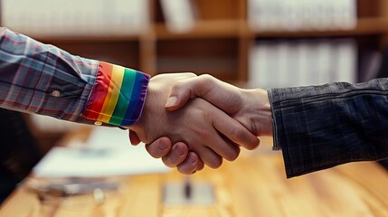 Obraz premium A professional shaking hands with a colleague in an office, with a rainbow flag subtly visible on a desk