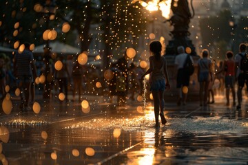 A child joyfully plays in a water fountain at sunset while people stroll around, creating a magical scene with bokeh lights.