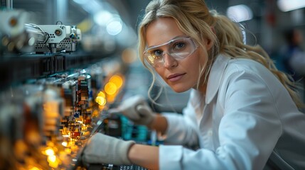 A female engineer wearing safety glasses and a lab coat works on a complex machine.