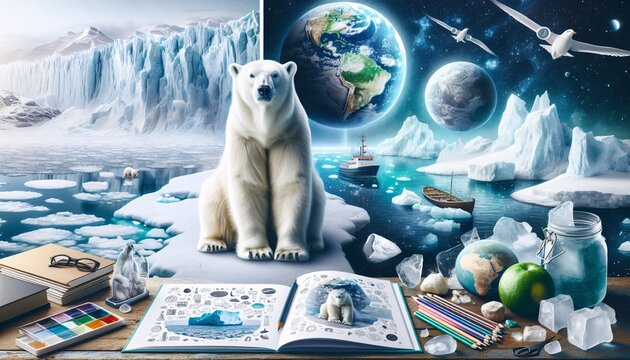 World Earth day Illustration, Umwelt Konzept, arktische Landschaft mit Eisb&auml;r und Erdkugel