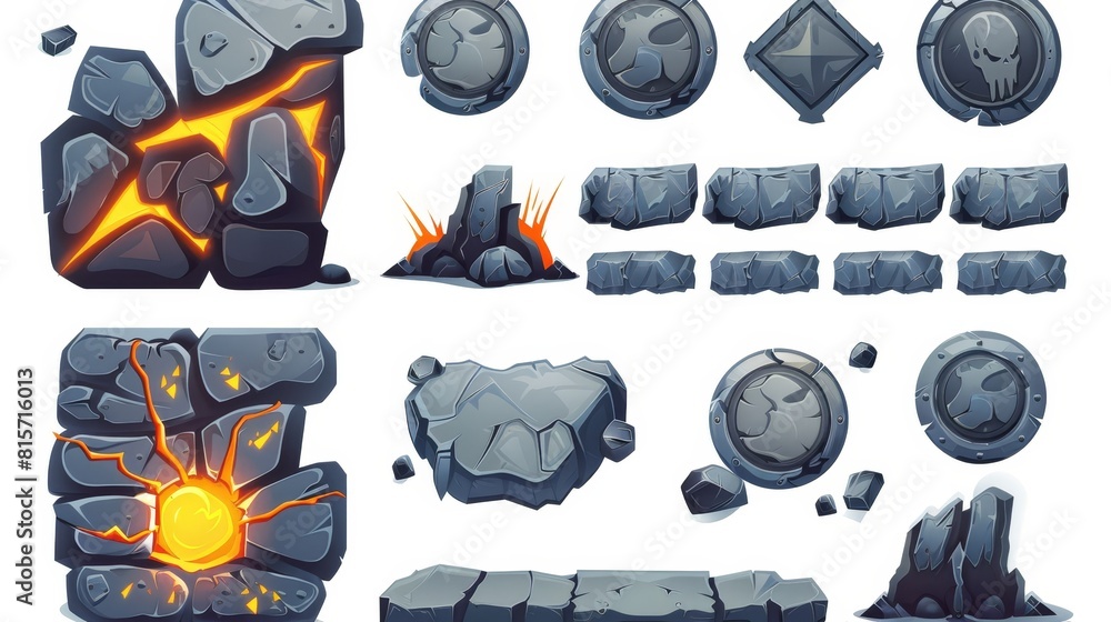 Poster cartoon illustration of stone rock ui game interface button. circle, arrow, loading bar, plate, and 
