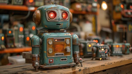 A retro robot toy with glowing red eyes sits on a wooden table in a workshop.