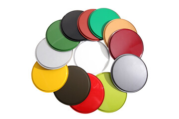 lids of colorful paint cans