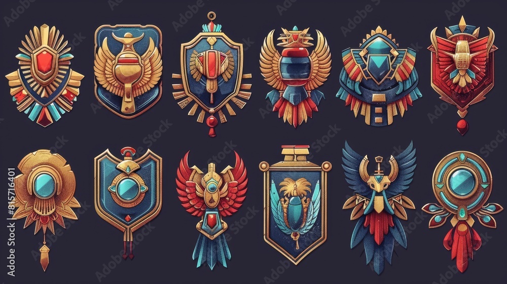 Aufkleber ancient egyptian game user interface gold frame. pharaoh treasure symbol design with scarab and orna