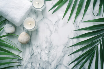 Flat lay for Spa and massage with a palm leaves on a white marble background. AI generative