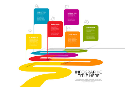 Infographic timeline template with square bubbles with texts on thick curved color line