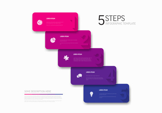 Five pink and blue horizontal steps solid color blocks with big numbers in the corner infographic template