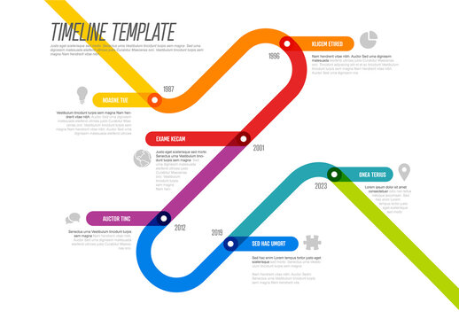 Thick line diagonal rainbow Infogrpahic timeline template with icons