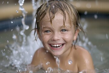 Close-up of a joyful child with wet hair, playing in water and smiling. Perfect image for summer fun and childhood happiness.
