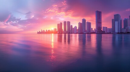 Obraz premium Dramatic cityscape bathed in the fiery hues of a sunset