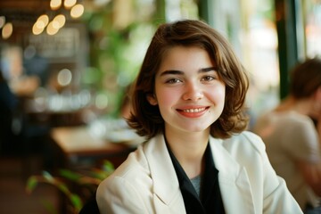 A young woman with short hair smiling warmly at a cozy cafe with a blurred, bokeh background.