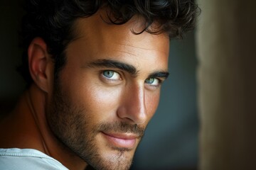 Obraz premium Close-up of a young man with striking blue eyes and a subtle smile