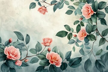 Delicate watercolor of a floral branch with pink roses and lush green leaves, perfect for romantic and elegant themes