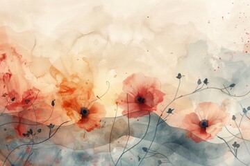 Delicate and soft watercolor textures with flowing organic lines and autumn floral details, creating a serene abstract background