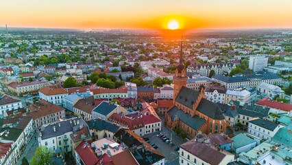 Aerial drone view of Tarnow townscape , Poland. Cathedral church of  of Holy Family and Market Square Town Hall.