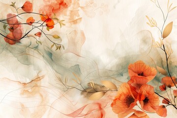 Delicate and soft watercolor textures with flowing organic lines and autumn floral details, creating a serene abstract background