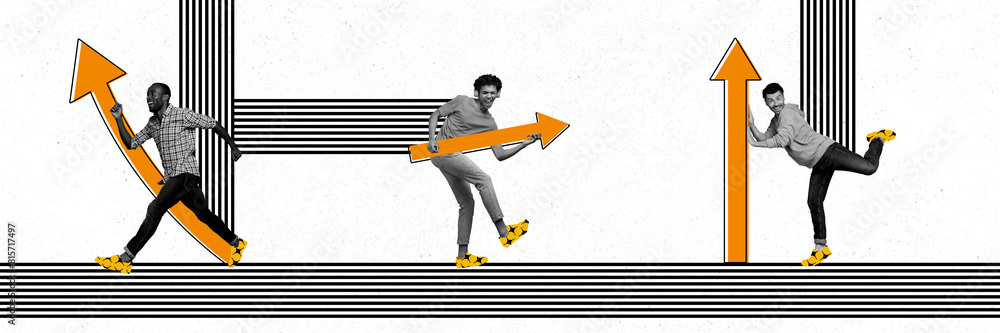 Poster collage image sketch of happy cheerful glad man working together career promoting isolated on painte