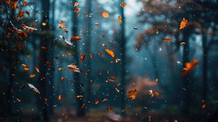 Leaves dropping in the woodland foliage clinging to tree branches at the start of fall specifics of forest trees