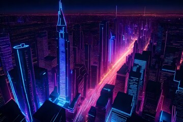 A futuristic, neon-lit cityscape with skyscrapers forming the shape of a massive birthday cake, complete with cascading sparkler-like lights