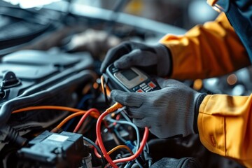 Close-up of a mechanic's hands using a digital multimeter to check a car engine