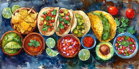 Colorful watercolor of a Mexican fiesta table with tacos, salsa, and guacamole, perfect for vibrant culinary art
