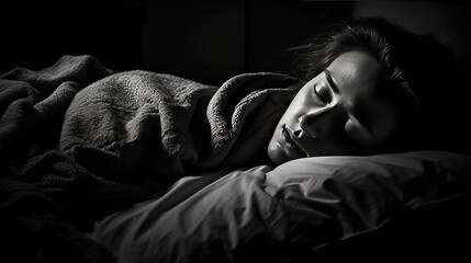 Fototapeta premium Concept of insomnia. Woman sleeps in bed at night in light of moon. AI generated.