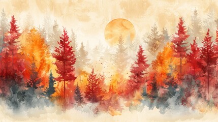 Bright red and yellow trees painted in watercolors with detailed pine trees in the background, ideal for a lively wall mural