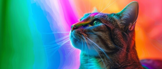 A closeup of a cats face with rainbow whiskers, set against a bright, colorful LGBTQ pride background