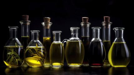 Various olive oil in bottles and containers in a row, fresh colored olives, black background. AI generated.