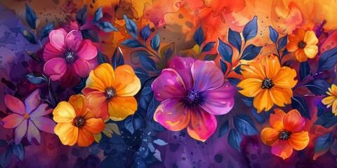 Bright and festive flowers in watercolor, scattered artistically on a lively background, suitable for party invitations