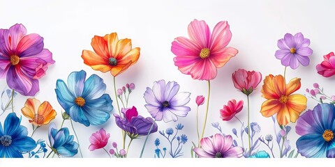 Bright and colorful watercolor flower edges on a horizontal banner, popping against a crisp white mockup background