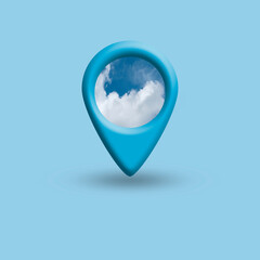 Map pin location button with clouds on blue, map pointer navigation concept