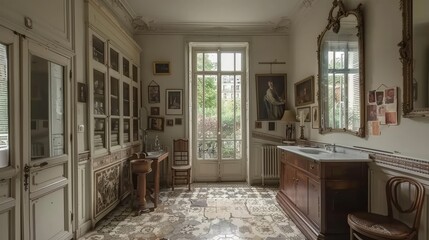 a French-style bathroom with its clean and bright atmosphere, showcasing double vanity sinks, marble walls, and mosaic tile flooring leading to a luxurious soaking tub.
