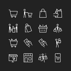 Buyer icon set, white lines on black background. Grocery shopping, person with bags. Supermarket, cash register, online ordering, baskets, carts. Customizable line thickness