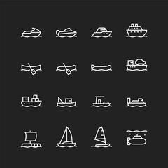 Water transportation icons, white lines on black background. Boats, motorboats, ships, yachts, tankers, submarines for work and leisure. Customizable line thickness