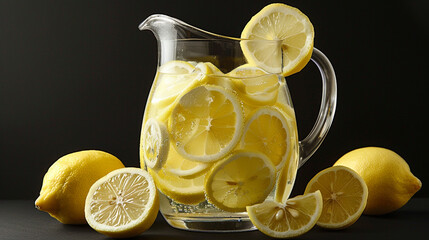 A glass pitcher filled with ice-cold lemonade and slices of lemon, against a solid black background, offering a refreshing and tangy beverage option for hot summer days. - Powered by Adobe