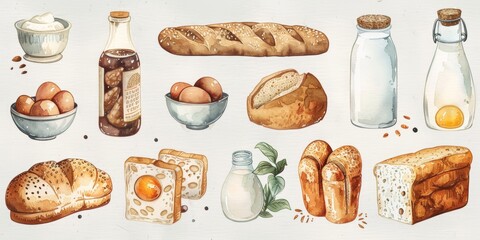 Artistic watercolor set featuring food stamps with bread, milk, and eggs, styled in an oldfashioned design for educational posters