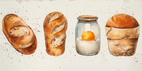 Artistic watercolor set featuring food stamps with bread, milk, and eggs, styled in an oldfashioned design for educational posters