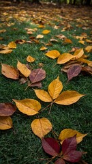 Lush green grassy ground covered with fallen leaves, showcasing beautiful transition from summer to autumn. Vibrant yellow, brown leaves, each with distinct shapes, sizes, scattered randomly.