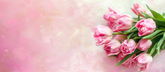 Obraz premium Pink tulips bouquet on a pink backdrop